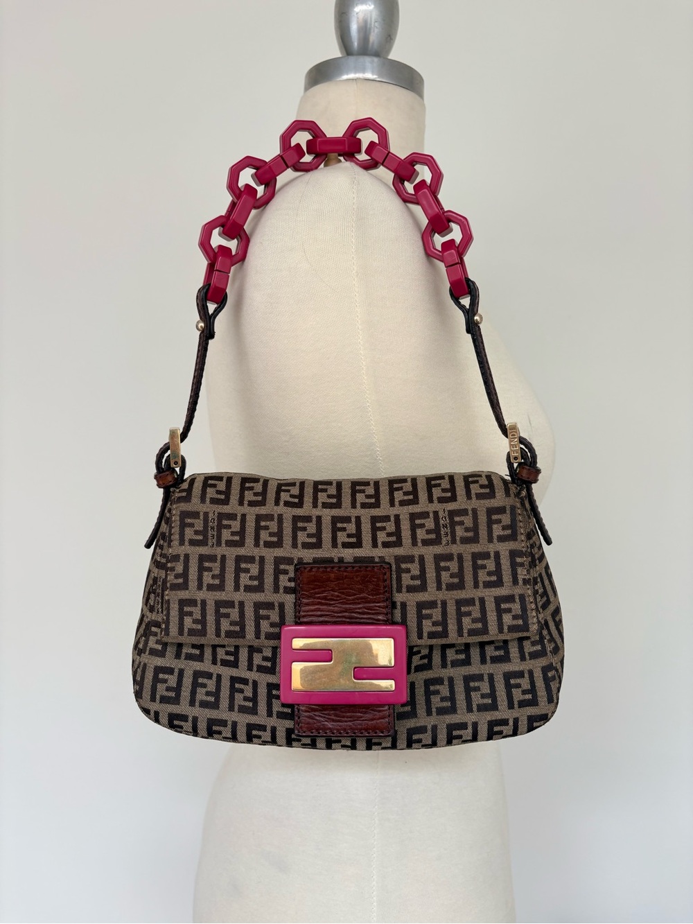 RARE Vintage Fendi Y2K Zucca Mini Mamma Baguette Pink Resin Chain FF Bag